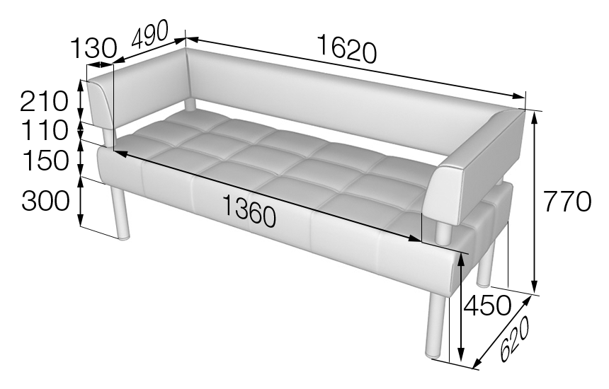 39957 Bu3-2 Бизнес Диван 3-местный ткань: рогожка Romeo light blue 1620х620х770